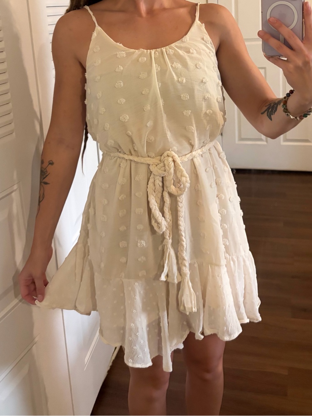 Blu Pepper Cream Swiss Dot Tiered Spaghetti Strap Dress with Rope Belt